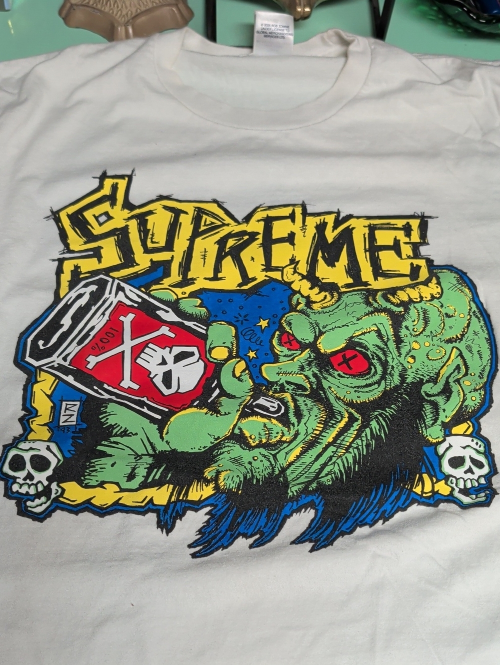 Supreme White Tee with Yellow Logo & Green Monster Graphic